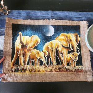 Vintage African Elephant Gold Shimmer Painting On Papyrus Signed Art Safari